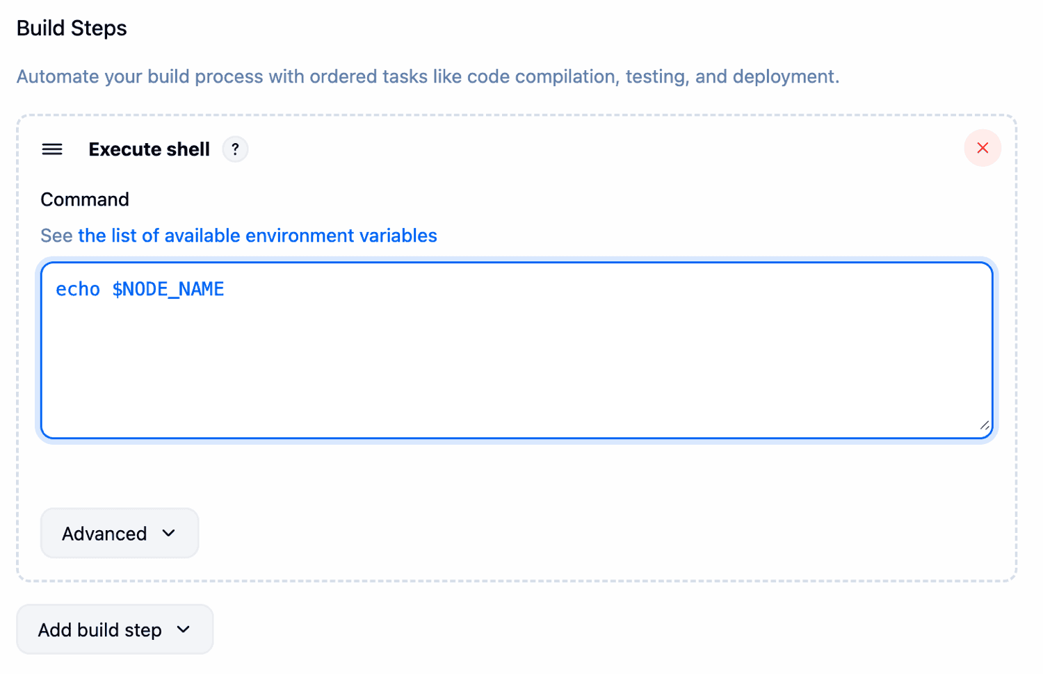 Entering the command for the build step.
